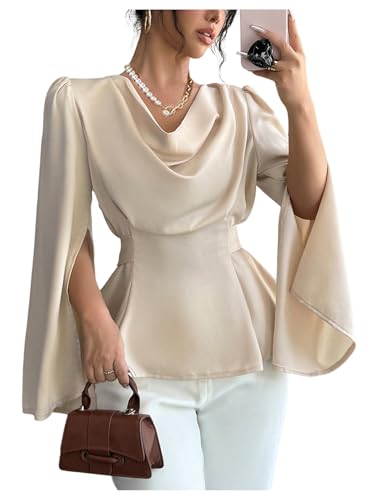 OYOANGLE Women's Cowl Neck Long Sleeve Satin Blouse Apricot