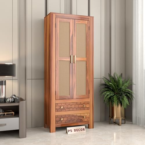 Image of PS DECOR Solid Sheesham Wood Book Shelf Cabinet with Cane Rattan Doors & 2 Drawers | Modern Wooden Bookshelf Storage Unit for Home Library, Living Room & Office (Honey Finish)