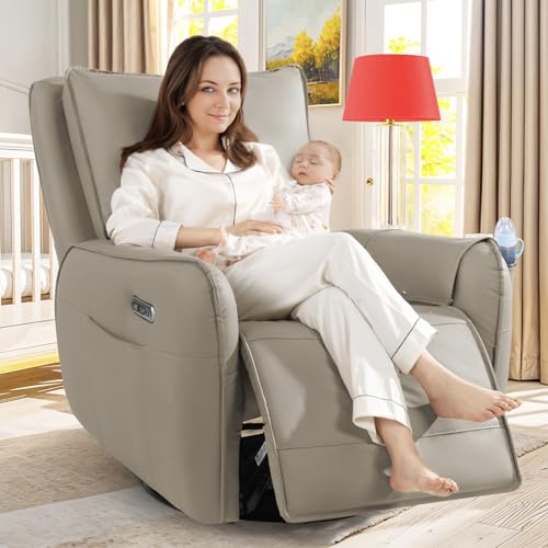 Image of Cfvyne Power Recliner Gliders for Nursery, Electric Swivel Rocker Recliner Chair, Comfy Upholstered Living Room Reclining Rocking Chairs with Lumbar Support