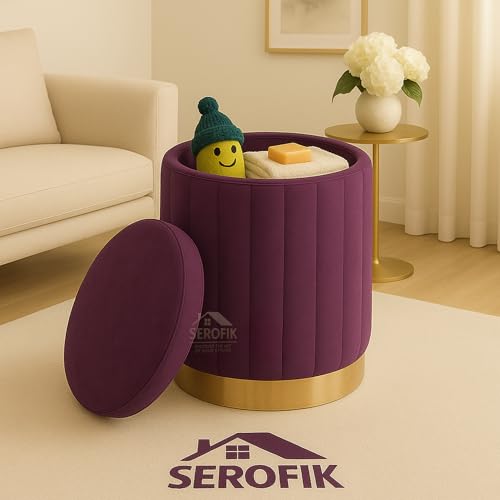 Image of Ottoman Sitting Stool with Storage, Round Dutch Velvet Cover Memory Foam Padded 32L Capacity Ottoman Bench Footrest, Pouffe, Office Stool, Makeup Chair, Vanity Chair for Living Room, Bedroom