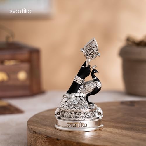 Image of Svastika Vel Mayil Murugan Idol (999 Silver Plated) | Lord Murugan Statue with Peacock | Spiritual Idol for Home Temple, Pooja Room, Car Dashboard & Gift | Decor Murti (3.5 Inch)