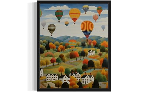 Hot Air Balloons Unframed Wall Art Poster Print, Scenery Landscape American Folk Art, Naive Painting Decor Gallery 31 (Hot Air Balloons, 36" L x 24" W, Unframed)