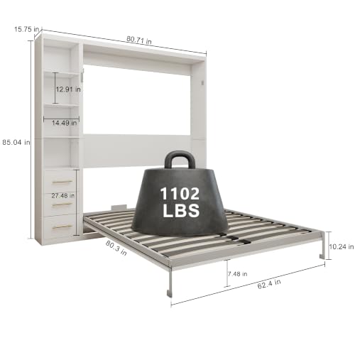 Image of KEIKI Queen Size Vertical Cabinet Murphy Bed with 1 Side Cabinet, Multifunctional Foldable Hideaway Wall Metal Bed Frame with Slats, No Box Spring Needed, Easy Assembly, for Bedroom, Guest room, White