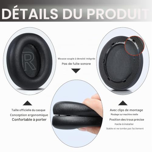 Coussinets d'oreille de Rechange compatibles avec Anker Soundcore Life Q30/Q35 BT, en Cuir Protéiné et Mousse à Mémoire de Forme, Oreillettes Coussinets Mousse pour Casque Audio - Noir – vue 3