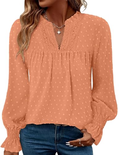 BETTE BOUTIK Women Boho Long Sleeve Shirts Dressy Casual V Neck Fall Fashion Tops Swiss Dot Flowy Blouses
