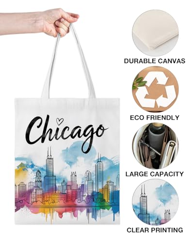 Chicago Canvas Tote Bag for Women Travel Lovers Chicago Souvenirs Gifts Reusable Shoulder Bag for Shopping Grocery Travel Vacation3