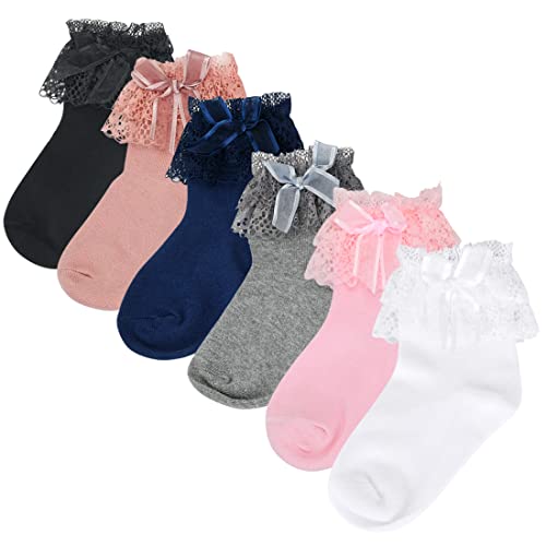 Toddler Girls Ruffle Socks Little Baby Cute Bowknot Lace Dress Socks 6 Pairs4