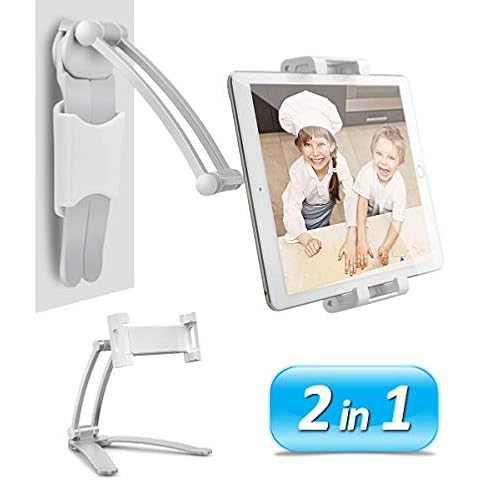 AYADA Kitchen Cabinet Tablet Holder, 2 in 1 Wall Mount Desktop Stand for ipad 12.9 Aluminum Alloy Metal Adjustable Multiangle Foldable Universal Phone Tablet Bracket Cooking Table Counter Top (Silver) Cover