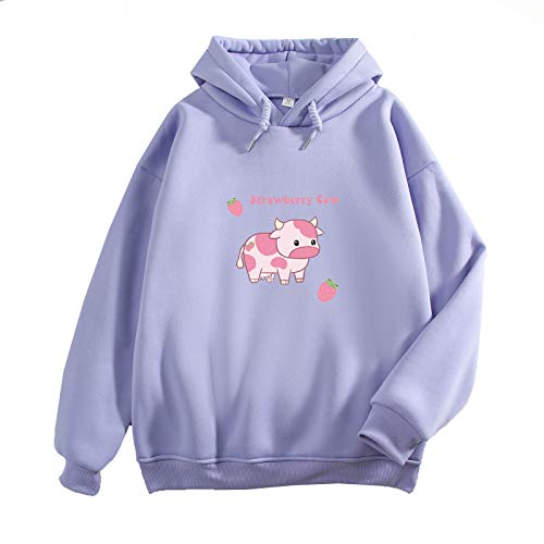 KEEVICI Pullover Sweatshirts for Women Cute Strawberry Cow Print Hoodie Casual Fuzzy Top (Purple,M=US XS)
