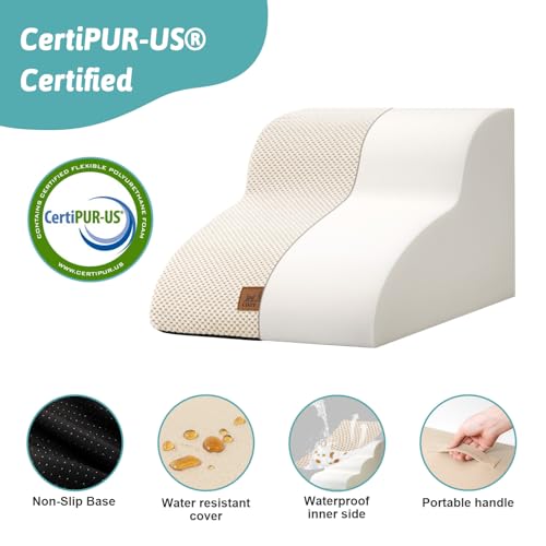 COZY KISS Hundetreppe für Kleine Hunde, Haustiertreppe für Couch aus Hochdichtem Schwamm, Hunde Treppe Hunderampe mit Waschbarem Bezug und Rutschfestem Boden (Beige, 2 Stufen (40x50x30cm), 2)