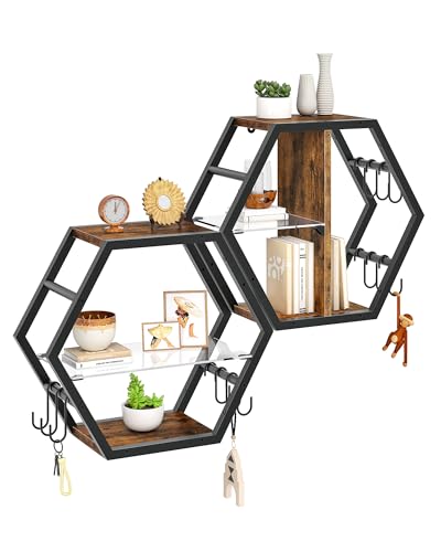 CHOEZON Juego de 2 Estantes Flotantes Hexagonales de Vidrio, Estantería de Pared con 12 Ganchos S, para Salón, Dormitorio, Oficina, Sala de Juegos, Baño, Marrón Rústico DTBJ08BF