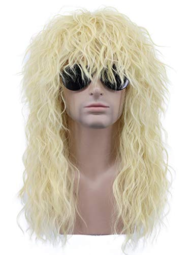 karlery 80s 70s Mens Long Curly Blonde Heavy Metal Rocker Wig Halloween Party Wig Costume Anime Wig