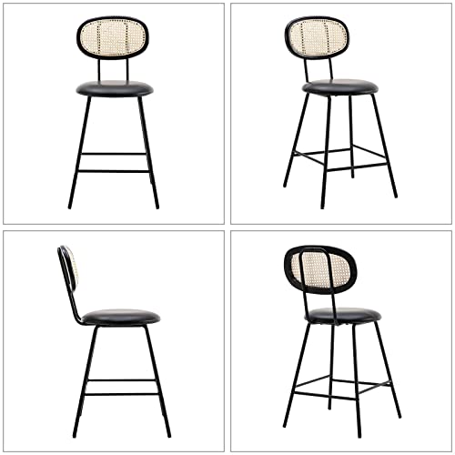 Counter Stools Rattan Back Dining Chair,Indoor Faux Leather Bar Stools Set Of 4,Armless Dining Chairs With Rattan Backrest Metal Legs,Modern Counter Height Barstools For Home Restaurant Black,24" #TOP5