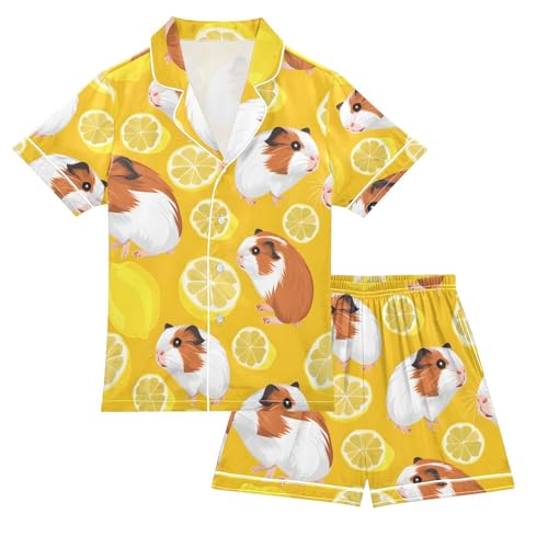 ALAZA Cute Guinea Pig Lemon Pajamas Satin Pajama Set Short Sleeve Button Down Sleepwear