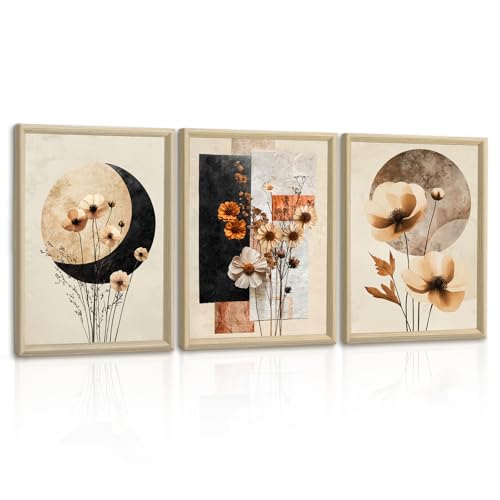 3 Pcs Vintage Geometrico Floreale Quadri Moderni Soggiorno Con Cornice, Botanico Cotone Eucalipto Foglia Stampe Da Parete Piante Fiori Quadro Moderno Decorazioni per Camera da Letto Studio 30X40cmX3