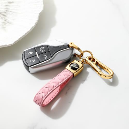 Image of Gkeygo Carabiner Keychain, Universal Heavy Duty Woven Handmade Leather Key Chain, Car Fob Key Keychains with 360 Degree Rotatable Snap Swivel and Anti-Lost D-Ring for Men and Women,Light Gold - Pink