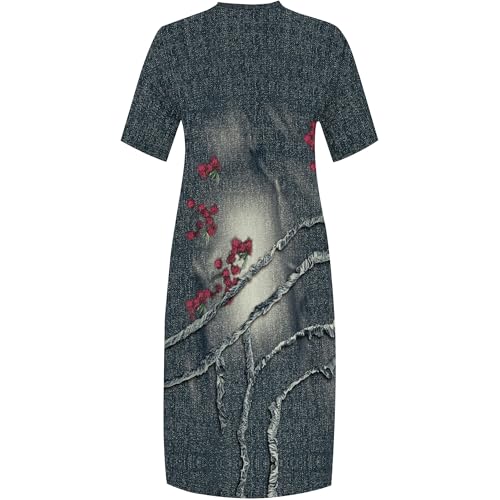 Image of SUZONANA Plus Size Denim Print Shirt Maxi Dresses for Curvy Women Casual Blue Jean Summer Outfits Long Short Sleeve Dress with Pockets Patchwork 5XL