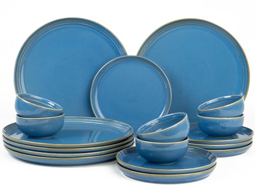 Image of Bodhi House Handcrafted Chip Resistance Porcelain Dinner Set, 18 Pieces Dish Set Serving for 6, Microwave and Dishwasher Safe, Bone-ash Free, Crockery Set for Dining and Gifting, Mid Blue
