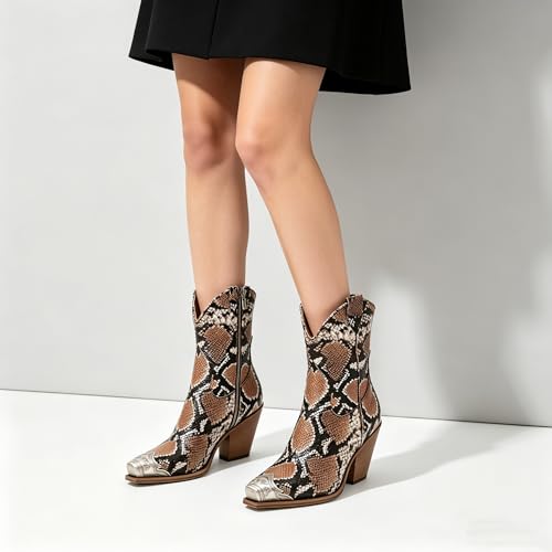 Image of keleimusi Women's Western Cowgirl Ankle Boots Stacked Block Heel Cowboy Booties Steel Toe Heeled Short Cowboy Boots Western Booties