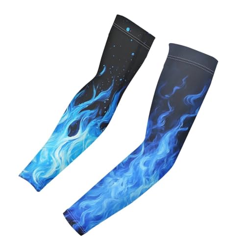 Binienty Blue Fire Flame Sun Protection Arm Sleeves for Men Women Teens Compression Arm Sleeve wuth Elastic Bland Outdoor Essentials Cooling Sleeves Set of 2, Size XL