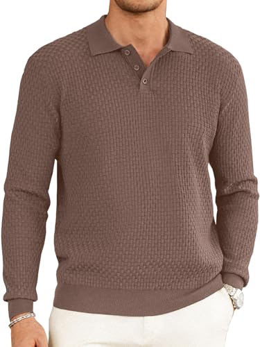 Hardaddy Men's Knit Polo Shirts Long Sleeve Button Up Pullover Sweater Textured Casual Collared Tops Coffee XXL