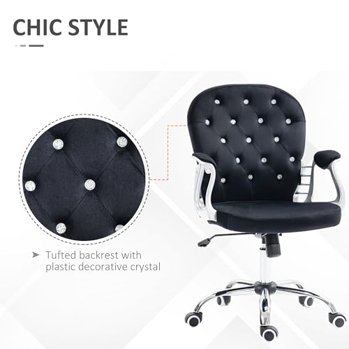 Vinsetto Velvet Home Office Chair, Button Tufted Desk Chair with Padded Armrests, Adjustable Height and Swivel Wheels, Black