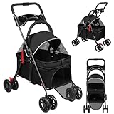 Homewell Faltbarer Hundebuggy für Hunde, Haustiere Buggy, Hundewagen mit abnehmbarer Transportbox, Getränkehaltern, Ablagefach und Netzfenstern, Klappbar, bis 20 kg (Schwarz)
