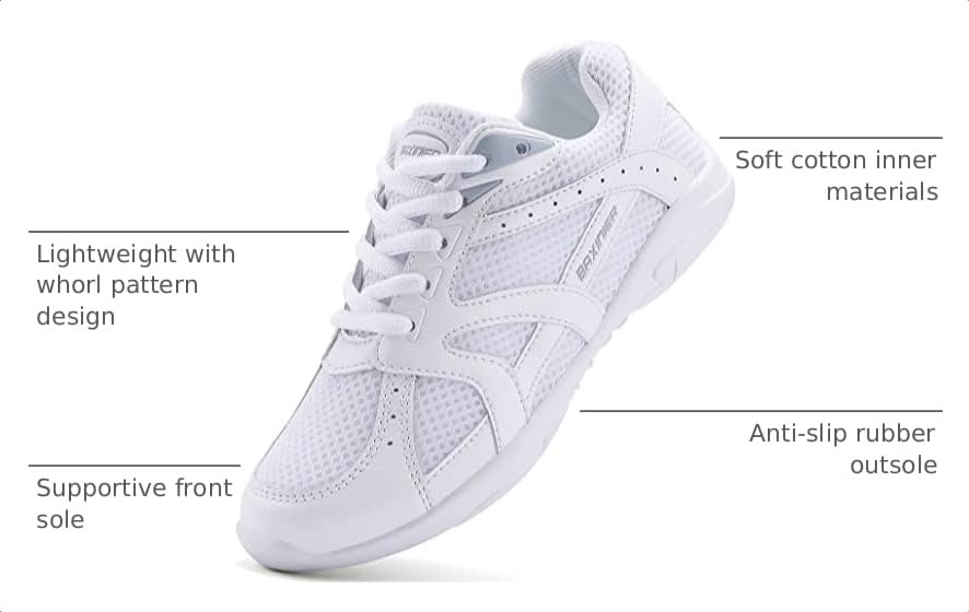 Image of BAXINIER Youth Girls White Cheerleading Dancing Shoes Athletic Training Tennis Walking Breathable Competition Cheer Sneakers