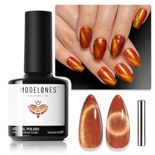 Image of modelones Cat Eye Fall Gel Nail Polish, 15 ML Glitter 9D Holographic Magnetic Halloween Nail Polish with Magnet Soak Off U V Orange Gel Polish Shimmer Autumn Nail Art Top Coat Manicure Salon DIY