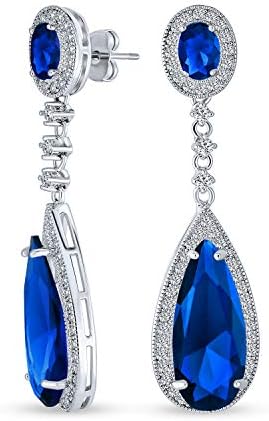 20CT Art Deco Style Simulated Gemstone Jewel Colors AAA Cubic Zirconia Halo Linear Long Pear Solitaire CZ Statement Dangle Teardrop Chandelier Earrings For Women Pageant Bridal Party Silver Plated