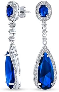 20CT Art Deco Style Simulated Gemstone Jewel Colors AAA Cubic Zirconia Halo Linear Long Pear Solitaire CZ Statement Dangle Teardrop Chandelier Earrings For Women Pageant Bridal Party Silver Plated