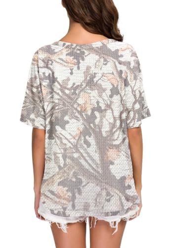 IWOLLENCE Women's Camo Printed Waffle Knit Short Sleeve Shirts V Neck Button Down Tie Knot Blouse Loose Batwing Tops Summer - Thumbnail 4