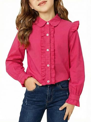 Image of Girls Short Sleeve Button Down Shirts Ruffle School Uniform Crop Tops Peter Pan Collar Plaid Blouse 4-13Y
