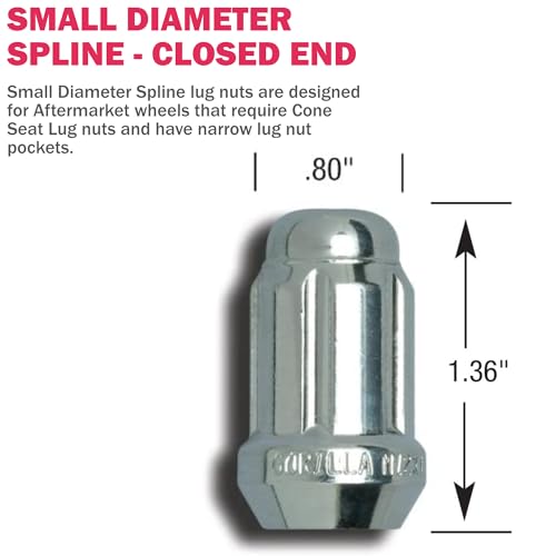 Gorilla Automotive Small Diameter Locking Lug Nuts, Set of 20 Acorn Spline Gorilla Lug Nuts, 12mm x 1.50 Thread, Chrome, with a Lumintrail Keychain Light