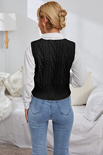 Aoysky Sweater Vest Women'S V-Neck Sweater Tank Tops Pullover Cable Knit Vest Solid Color Sleeveless Loose Fit Sweater Top Black thumb #4