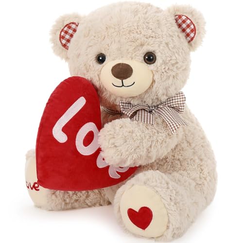 MaoGoLan Beige Teddy Bear, 14" Plush Stuffed Bear with Red