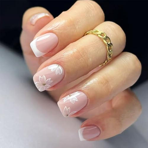 IMSOHOT Press on Nails Short Square Fake Nails White French Tips False Nails with Flower Designs Glossy Acrylic Glue on Nails Spring Cute Nude Full Cover Stick on Nails for Women Girls