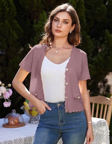 GRACE KARIN Womens Cardigan Summer 2025 Cropped Lightweight Short Sleeve Hollowed-Out Bolero Shrug Knit Sweaters4