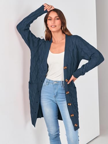 Image of PRETTYGARDEN Long Sleeve Cable Knit Long Cardigan for Women 2026 Spring Winter Chunky Open Front Button Sweaters with Pockets