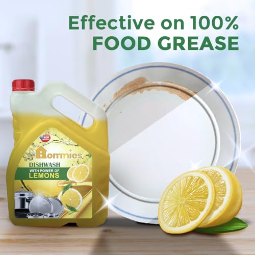 Image of Hommies Lemon Fragrance Dishwash Liquid Gel Refill Pack - 5 Litre | Ultra-Degreasing Formula for All Utensils | Kills Germs & Leaves No Residue | Gentle on Hands, Tough on Grease