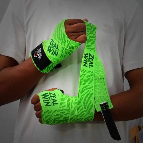 Image of Mexican-Style Boxing Hand Wraps - Breathable Stretch Cotton /Poly, 2 inch Wide with Hook & Loop, CAT Skin Graphic & Zeal to Win Slogan 2.5 Meter