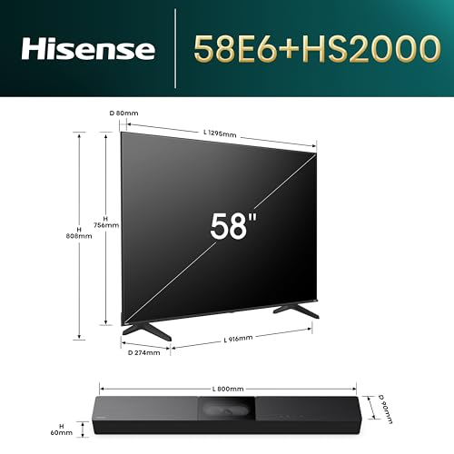 Hisense Bundle 58E6NT 146cm (58 Zoll) Fernseher, 4K UHD Smart TV, HDR, Dolby Vision, 60Hz [2024] HS2000 2.1 Kanal Soundbar, integrierter Subwoofer, 240W, Dolby Audio, Bluetooth, HDMI ARC