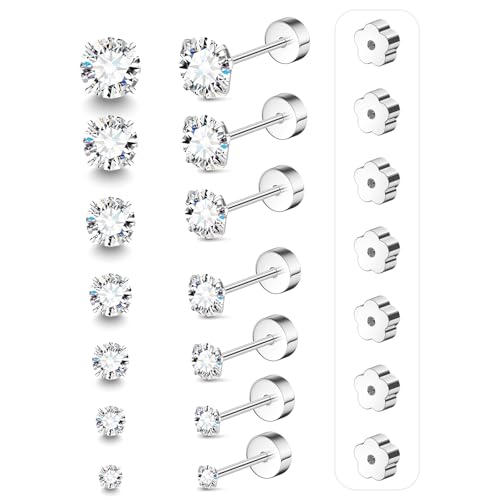 7 Pairs 20G Flat Back Earrings Set for Women Men, Hypoallergenic Silver 14K Gold Stainless Steel Stud Earrings Plum Blossom Flat Back Studs for Multiple Piercing Sensitive Ears CZ Earrings 2-8mm