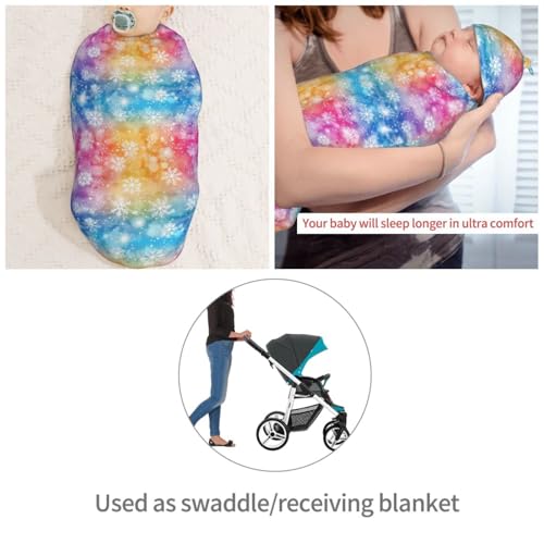 Image of White Snowflakes On Colorful Background Newborn Swaddle Blankets Hat Sets Soft Baby Receiving Blanket Swaddle Sack for Baby Shower Infant Boy Girl Gift