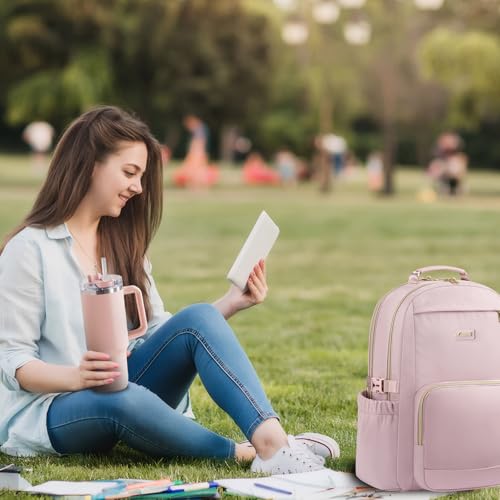 Image of LOVEVOOK Laptop Backpack for Women with Pouch Pocket for Large Capacity Cup,17 Inch Teacher Nurse College Work Backpack Purse,Waterproof Laptop Bag Computer Carry on Back Pack for Travel, Light Pink