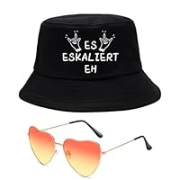 Es Eskaliert Eh Fischerhut + Herz Sonnenbrille Set Lustiger Anglerhut Für Mallorca Party Outfit Accessoires, Karneval - Cooles Party Festival Outfit Damen Herren,Festival Outfit Bucket Hat Hut Schwarz
