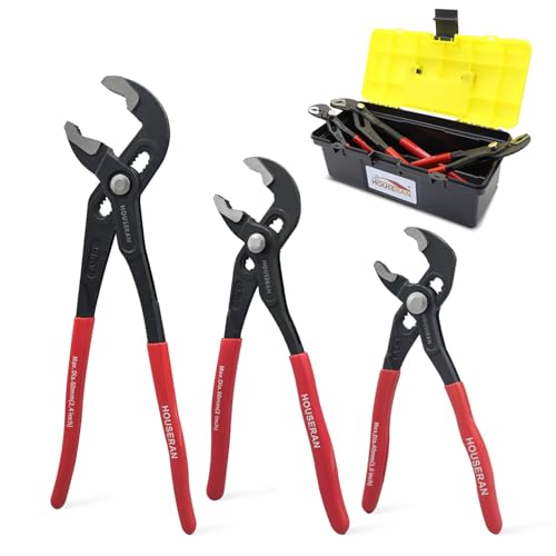 HOUSERAN 3 Piece Water Pump Pliers Set, Slip Joint Pliers, 12/10/7 Inch, Groove Joint Pliers, Wrench Pliers with Red Grips, CRV Tongue and Groove Pliers for Gripping, Nuts, Bolts, Pipe & Fittings