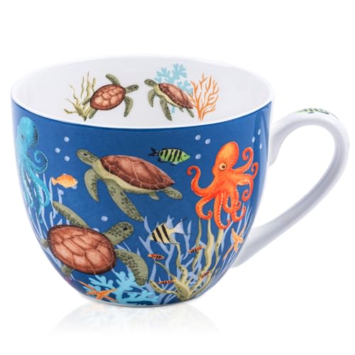 Summer Ocean Wonders Hug Mug - 20oz Deep Blue Bone China Coffee Mug with Sea Turtle, Octopus and Tropical Fish, Marine Life Themed Gift for Ocean Lovers, Designed in England by Harvest Green Studio