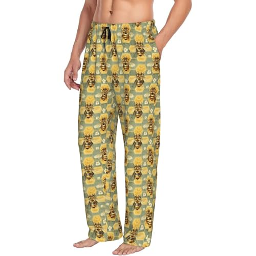 Mens Pajama Pants - Flower Bee Print Soft Sleep Lounge Pants For Men, Casual Pj Bottoms With Pockets