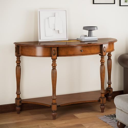 LEEMTORIG Demi Lune Console Table for Entryway Living Room, Solid Wood Entryway Table with Storage Drawer, Traditional Victorian Antique Sofa Table Hallway Table, Caramel Brown SFZ-1533-MG